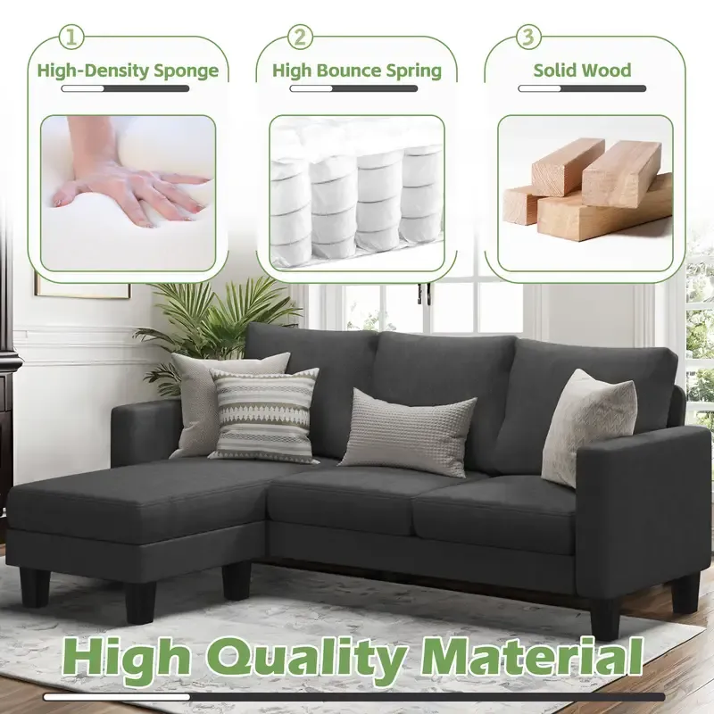 Sofá seccional convertible, sofá de 3 plazas en forma de L con tela de lino, otomana móvil Sofá pequeño para apartamentos pequeños, sala de estar y oficina (gris oscuro)