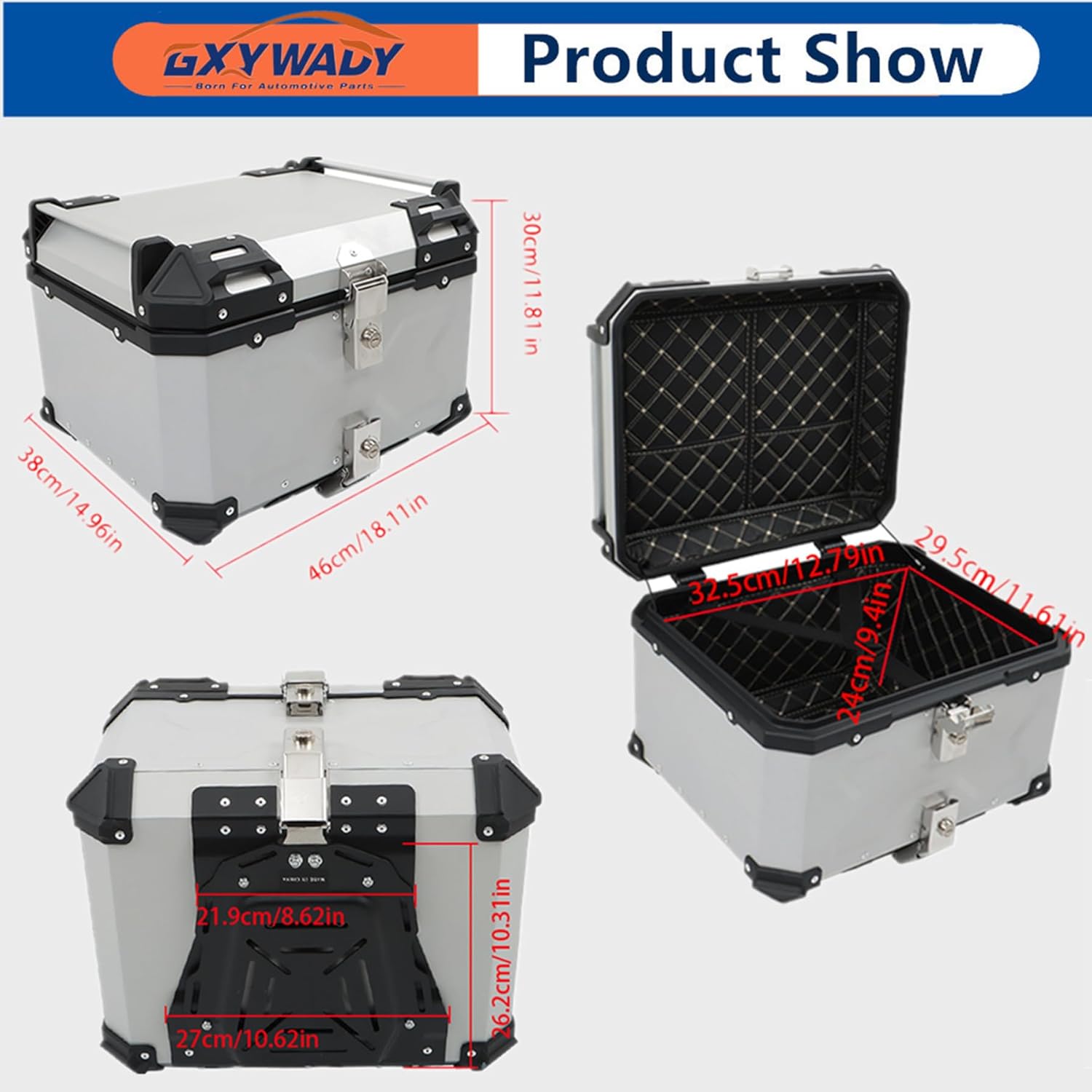 GXYWADY - Carcasa superior para motocicleta, 55L-X, color plata, aleación de aluminio, caja trasera para motocicleta, con espacio amplio y aspecto fresco, caja trasera para maletero de motocicleta,