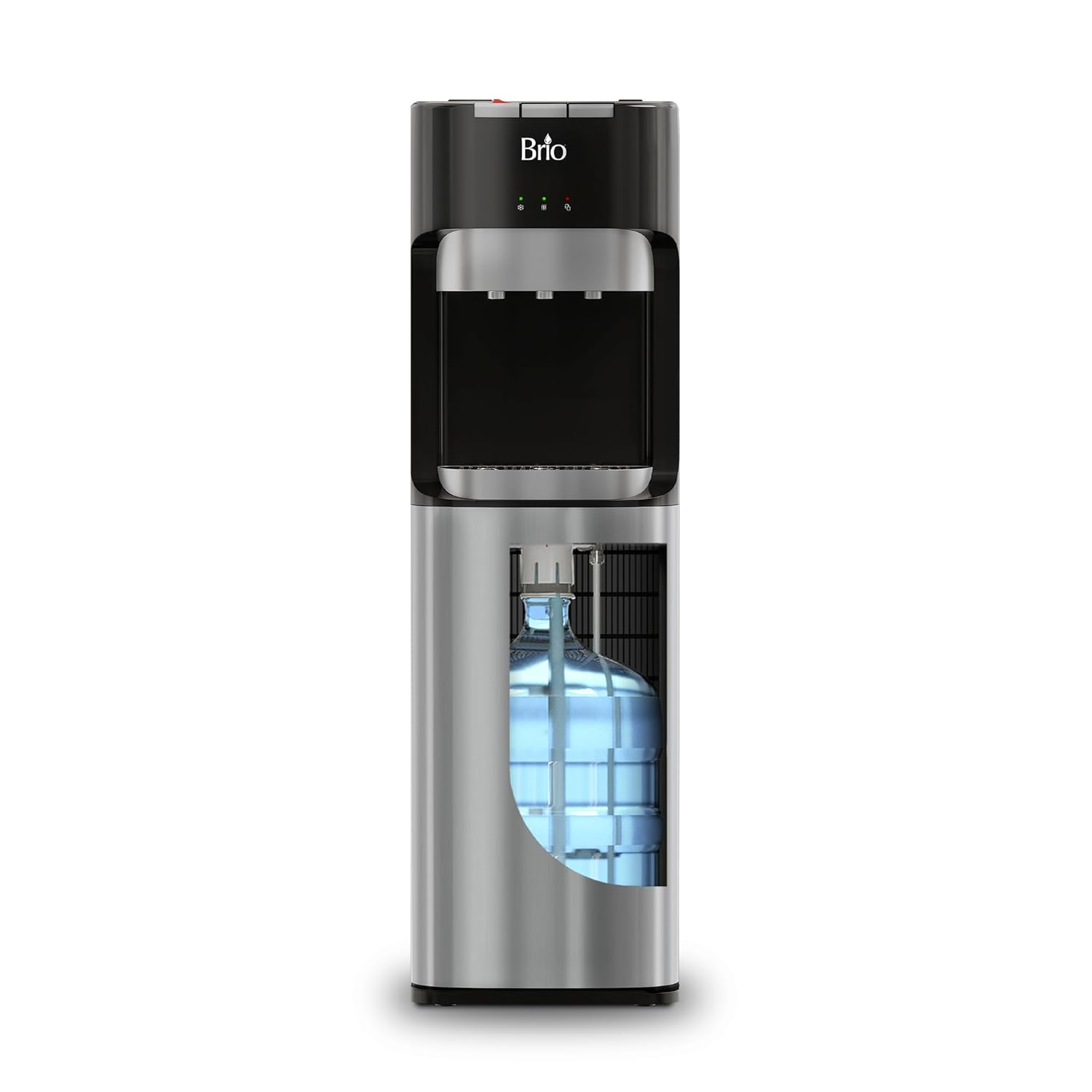 Brio Dispensador de enfriador de agua de carga inferior para botellas de 5 galones, 3 temperaturas con boquillas calientes, habitación y frías, bloqueo de seguridad infantil, visualización LED con alerta de botella vacía, acero inoxidable