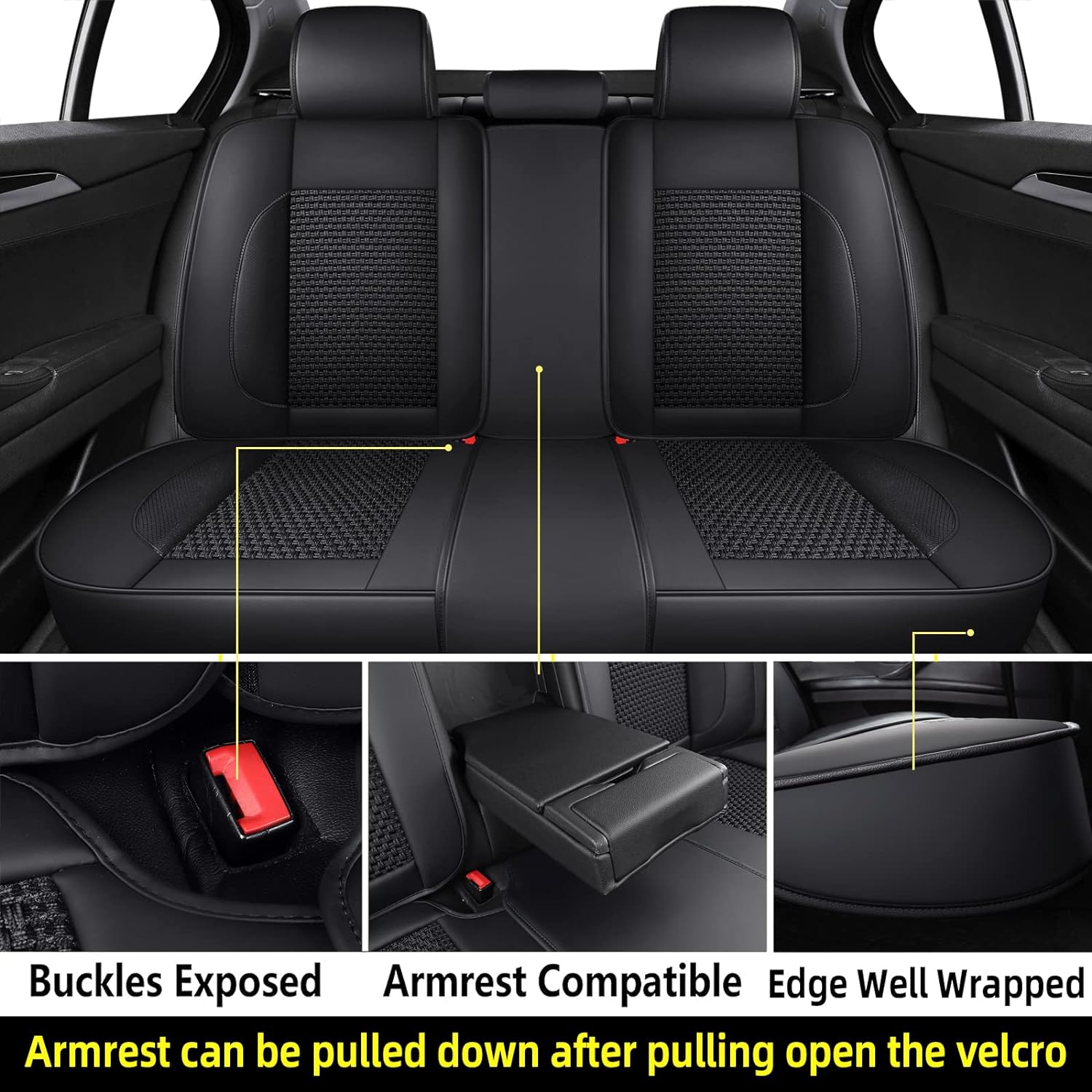 hikeaglauto Juego completo de fundas de asiento de coche, de piel sintética para autos, SUV, súper transpirables, universales, para la mayoría de los sedanes (juego completo, negro)