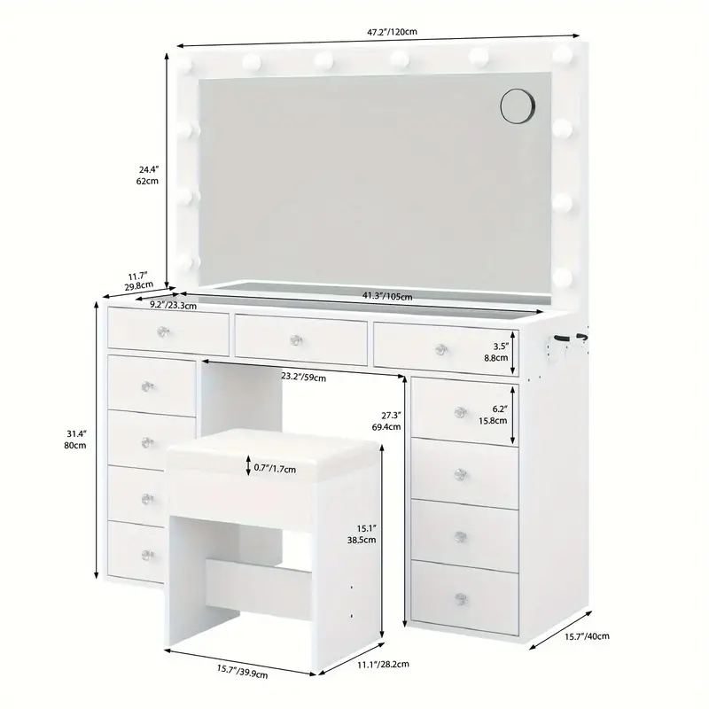 1 Juego de 11 cajones con 12 luces LED Tocador con espejo iluminado, Mesa de maquillaje con cajones de almacenamiento y taburete acolchado para dormitorio, Tocador con 3 modos de iluminación Brillo ajustable