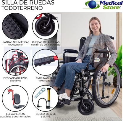 Medical Store Silla de Ruedas TODO TERRENO de Lujo, Modelo 101, Acero Resistente, Con Eleva piernas Desmontables y Descansabrazos Abatibles Color Rojo.…