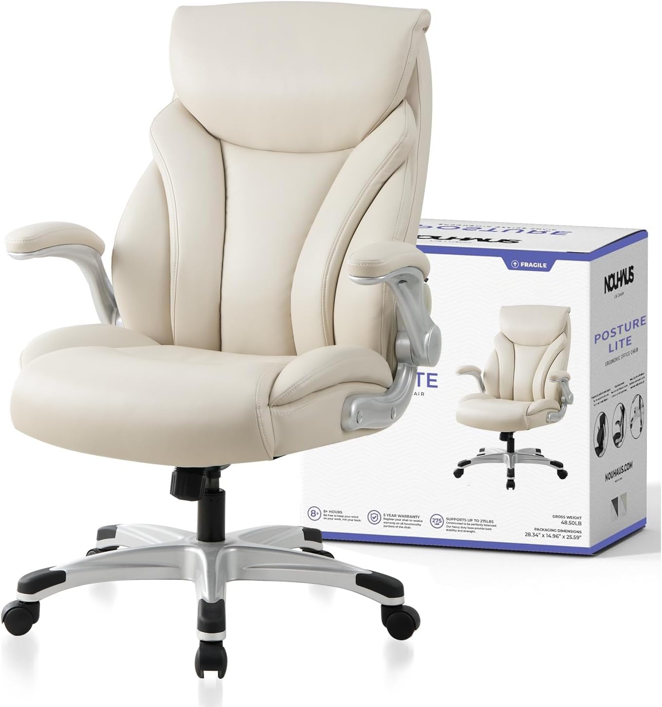 Nouhaus - Silla de oficina grande y alta con soporte lumbar, silla de oficina ergonómica de piel sintético, silla de computadora ejecutiva con reposabrazos ajustables (Posture Lite, blanco)
