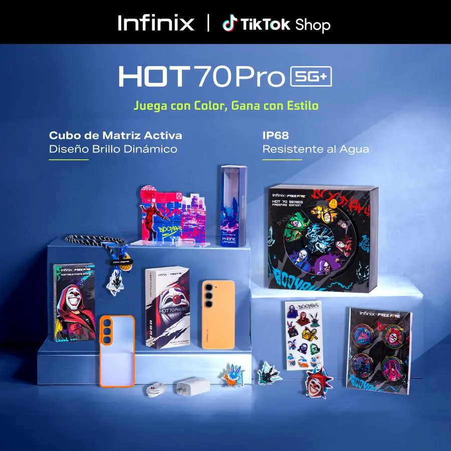 Infinix HOT 70 Pro 5G Edición Free Fire TikTok Exclusiva | 8GB+256GB | Incluye Caja de Regalo | MediaTek Dimensity 7100, AMOLED, 45W, NFC | Negro
