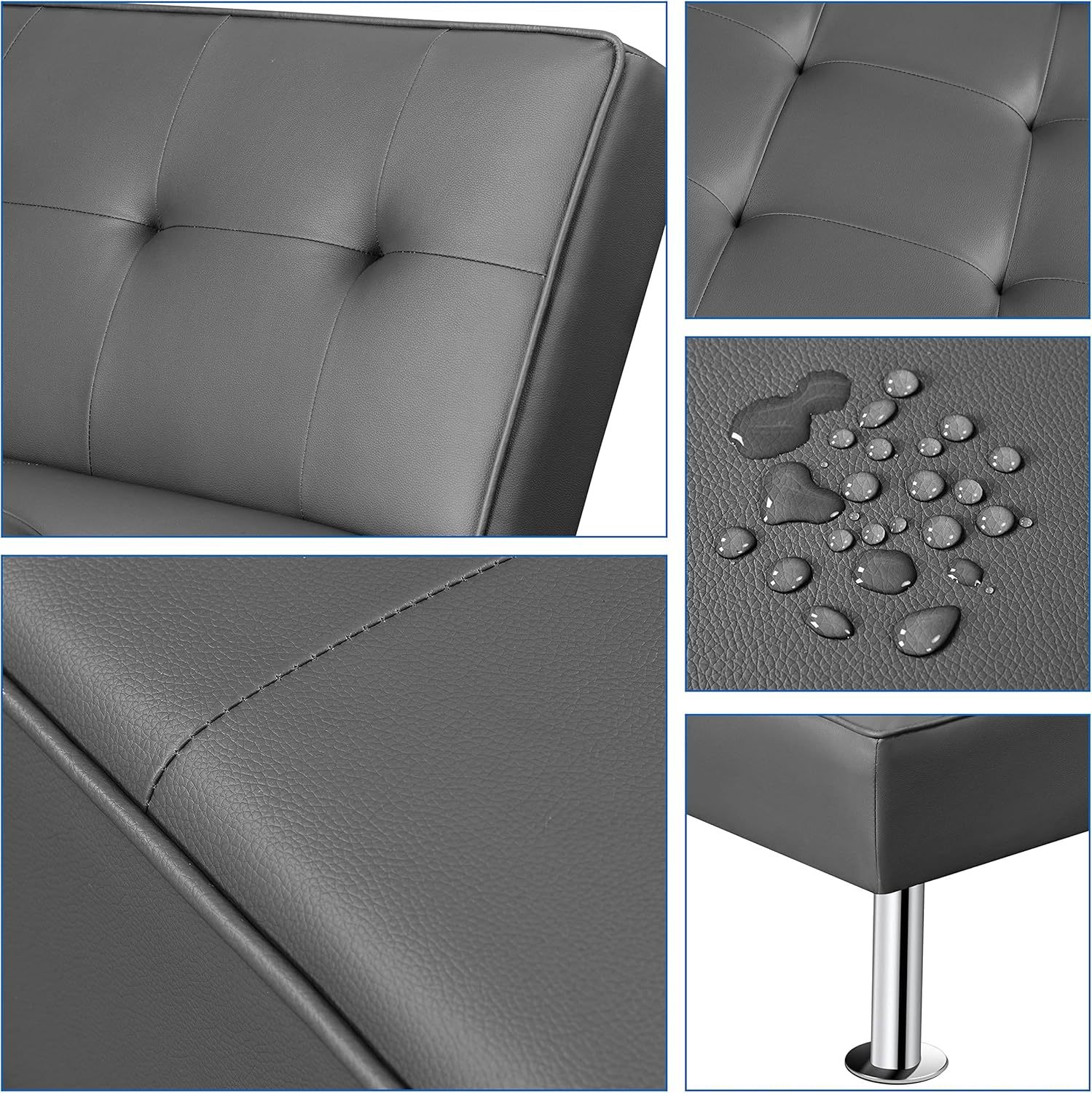 Yaheetech - Sofá Convertible de Piel sintética, sofá Cama, sofá de futón, sofá Ajustable, sofá de futón, Muebles de Sala de Estar con Patas de Metal Chapado en Cromo, Gris