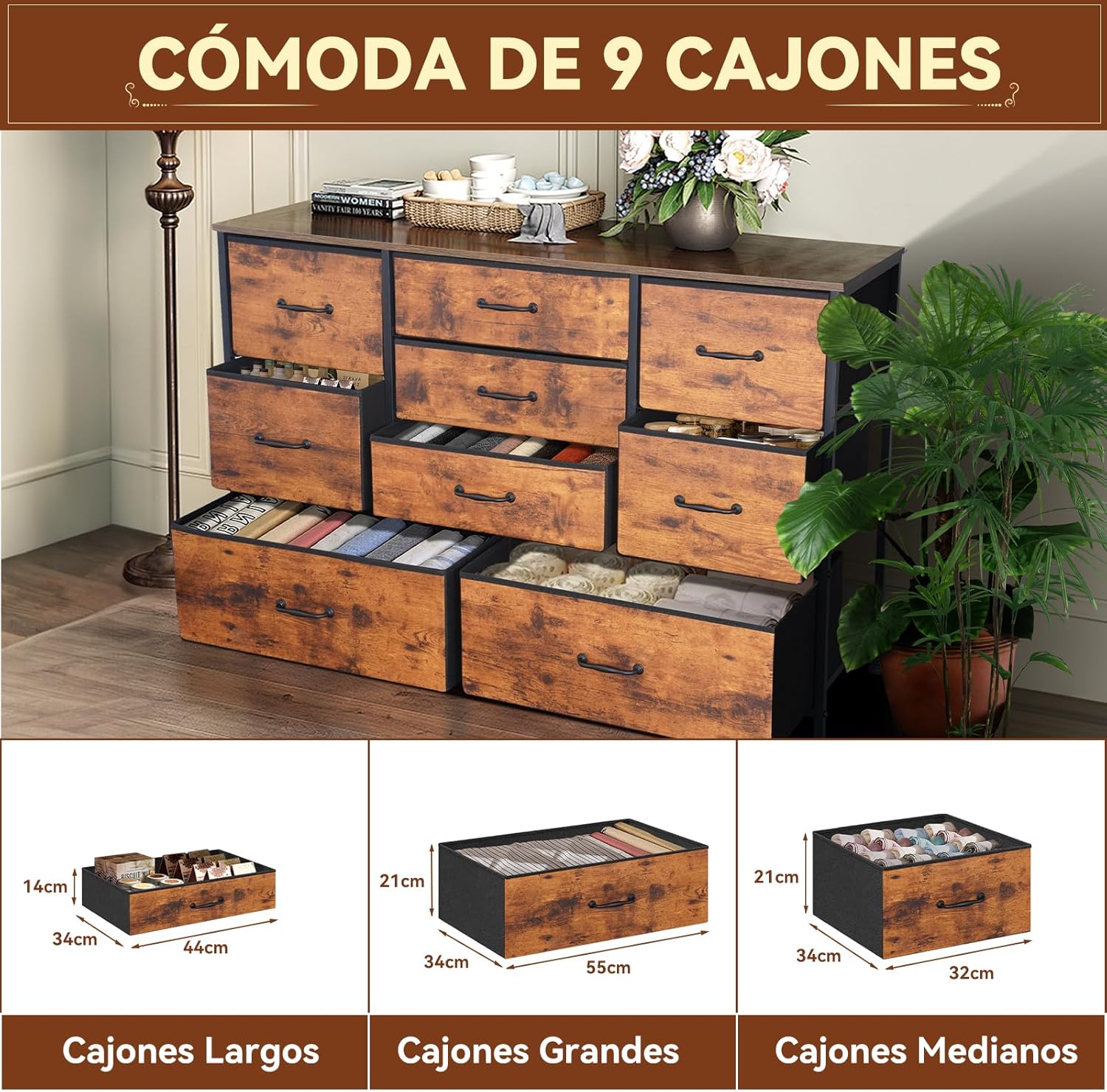 FURRIFIC Cómoda Gran Capacidad de 9 Cajones,115 * 75 * 35cm,Cajonera para Recamara,Ropa,Hogar Y Oficina,Organizador Cajonera de Estructura Metal con Cajones de Tela en 3 Tamaños