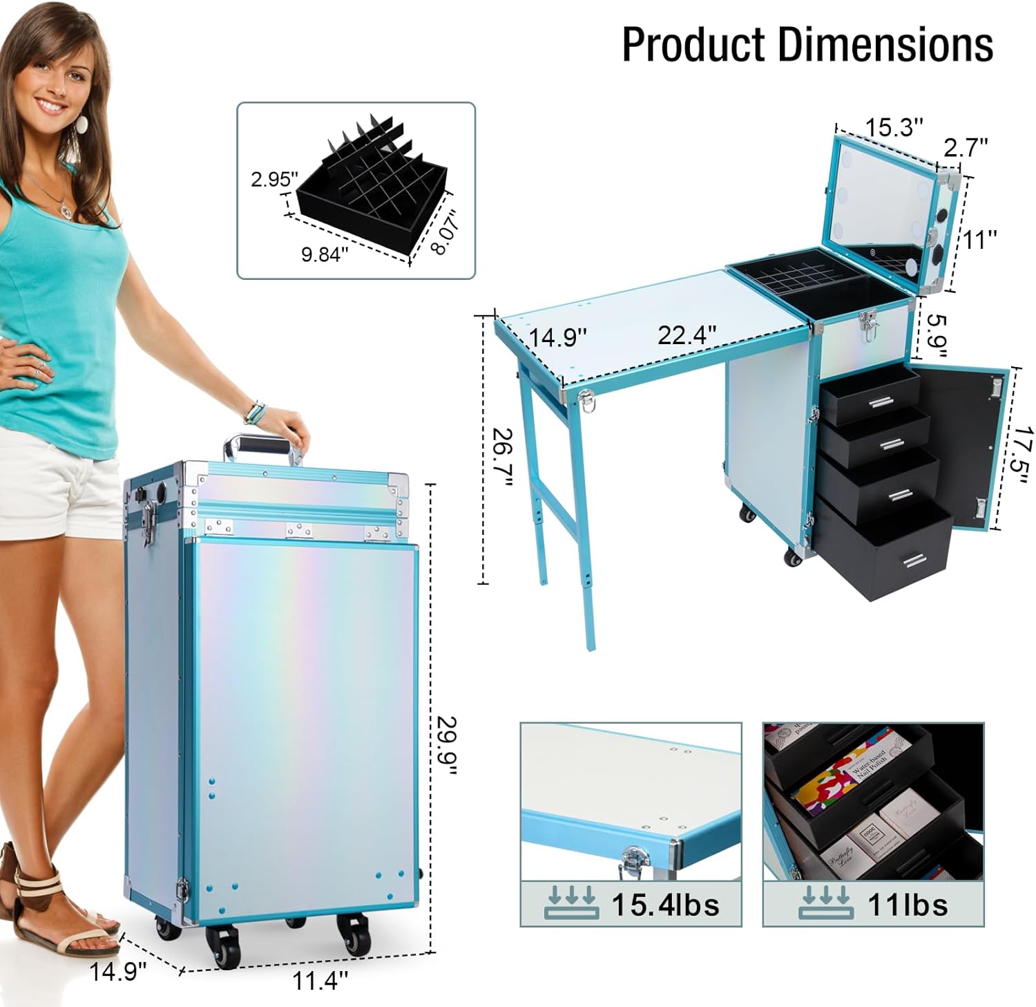 Icoget - Mesa portátil de uñas para enseñanza de uñas, mesa de manicura enrollable mejorada, estación de maquillaje con altavoz Bluetooth y luz LED, carrito organizador de computadora plegable de
