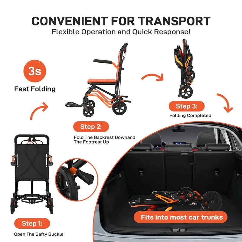 Silla de ruedas plegable liviana para personas mayores con marco de aluminio de aviación, apoyabrazos abatibles, frenos seguros y asientos espaciosos.