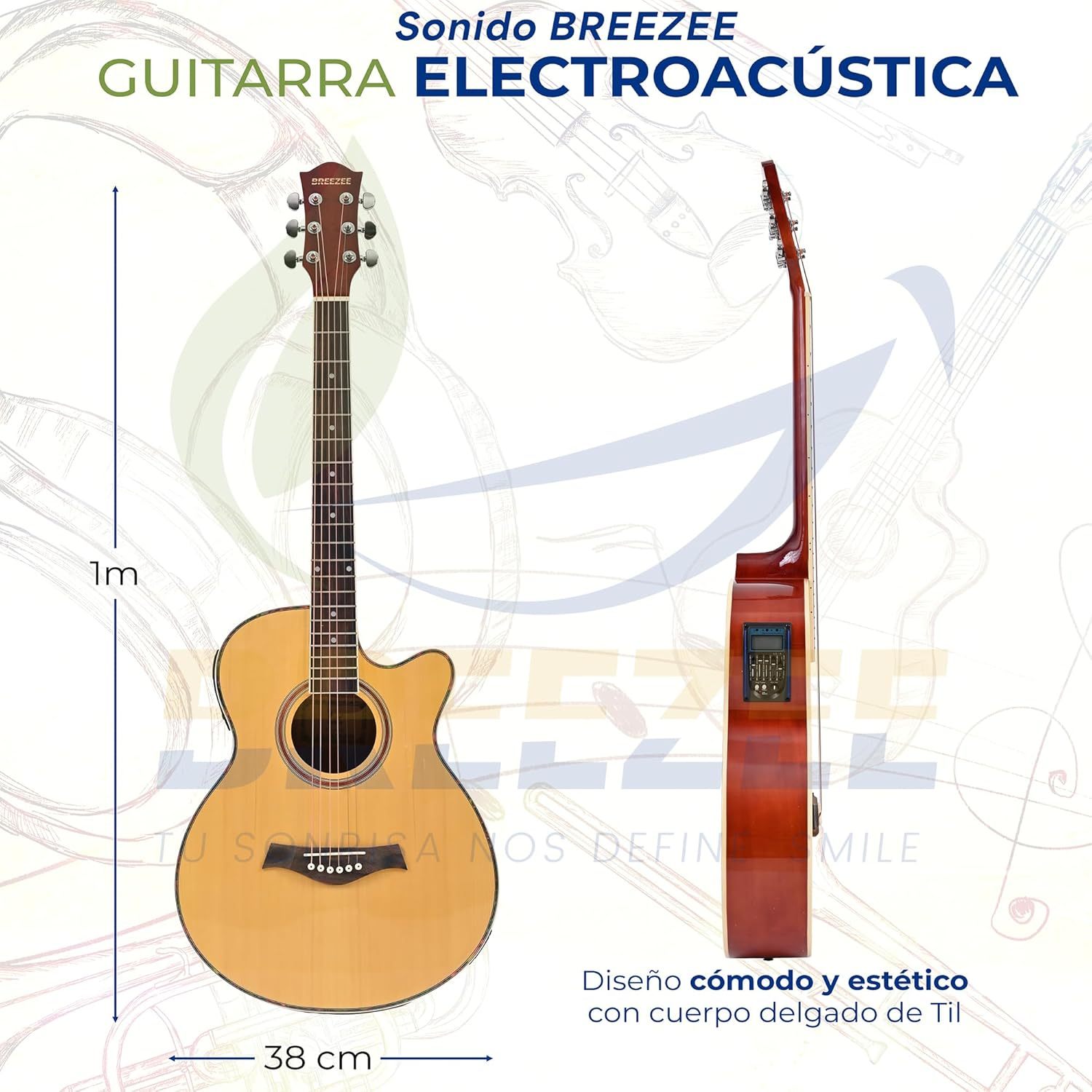 BREEZEE Guitarra Electroacústica de 40” Diseñada sobre Abeto, Merbau, Okume y Palisandro. Acabado de Barniz en Pulverización, Incluye Set de Accesorios Completo para Principiante