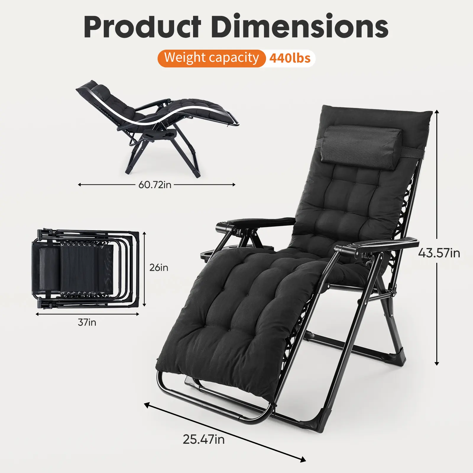 【Regalo para el Día de San Valentín】Silla Zero Gravity, Silla de Lounge para Camping Reclining, Sillas de Patio con Bandejas para Tazas y Cojín Removible, Reclinable Plegable para Uso Interior y Exterior.