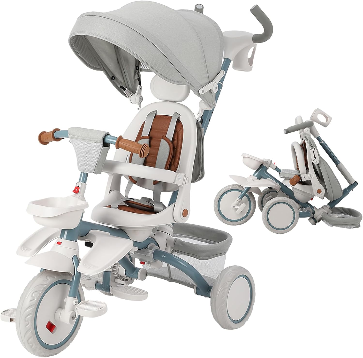 Babevy - Triciclo para bebé, 7 en 1, Plegable con Mango de Empuje Ajustable extraíble, toldo, Asiento Giratorio, arnés de Seguridad, portavasos y Almacenamiento, Triciclo para niños de 1 a 5 años
