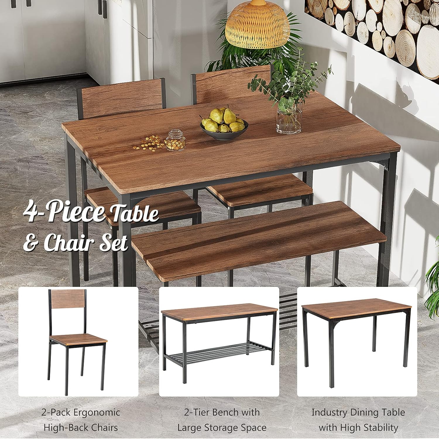 Giantex - Juego de mesa de comedor para 4, mesa de cocina con banco y sillas, banco industrial para reuniones, escritorio funcional, con marco de metal y estante de almacenamiento (marrón)