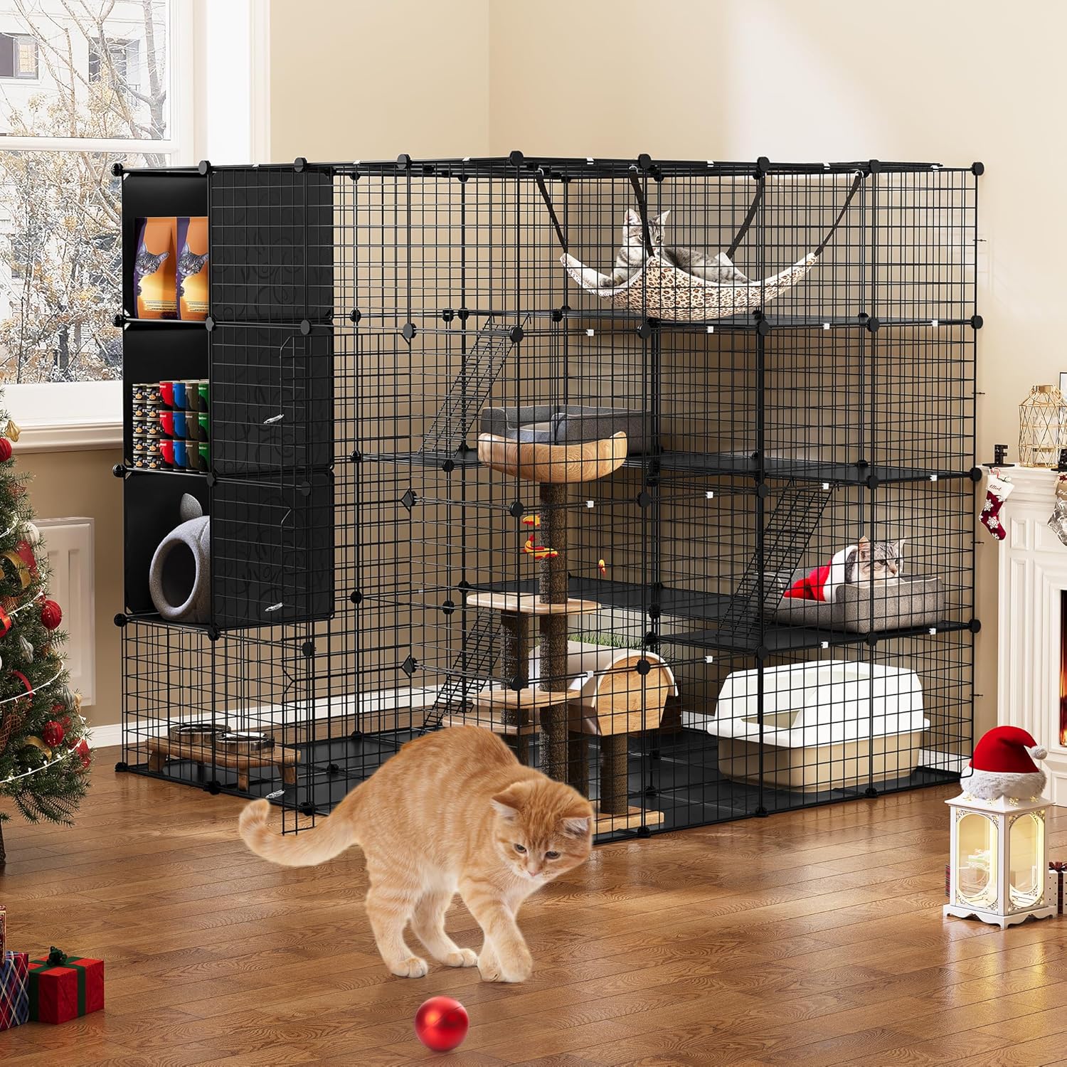 YITAHOME - Jaula Grande para Gatos con Cubo de Almacenamiento, Caja para Interiores de Metal con Hamaca para múltiples Mascotas, 4 Niveles de Perrera de Gato Negro, 140 x 140 x 140 cm