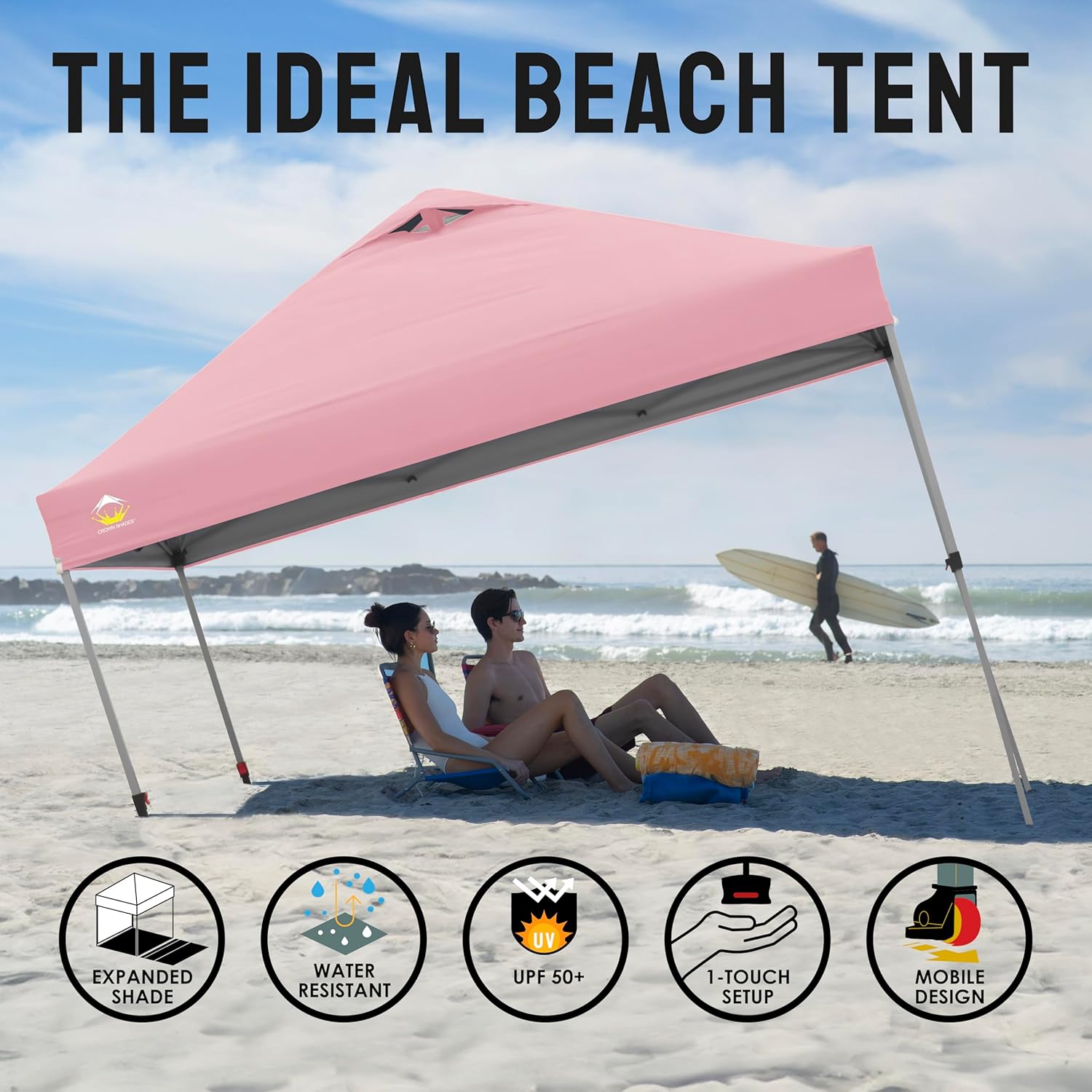 CROWN SHADES - Toldo desplegable para la Playa, fácil de armar, para el Aire Libre, Eventos, Fiestas, Campamento, Cubierta STO-N-Go, Parte Superior recubierta de Plata, 10 x 10 Pulgadas, Blanco