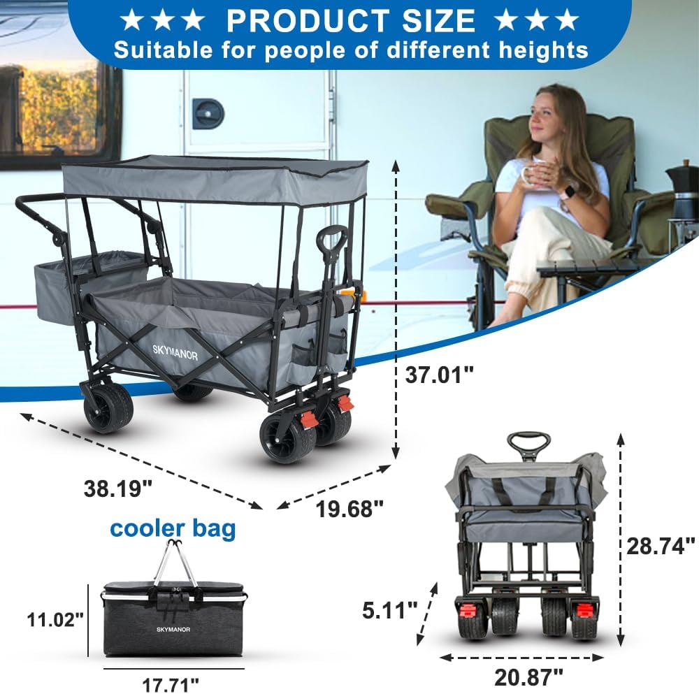 SKYMANOR Carro de jardín plegable 3 en 1 con toldo para niños y carga, carriola plegable EZ ruedas todo terreno, 300 libras, 2 portavasos para cinturón de seguridad, color negro, SKYDPBB