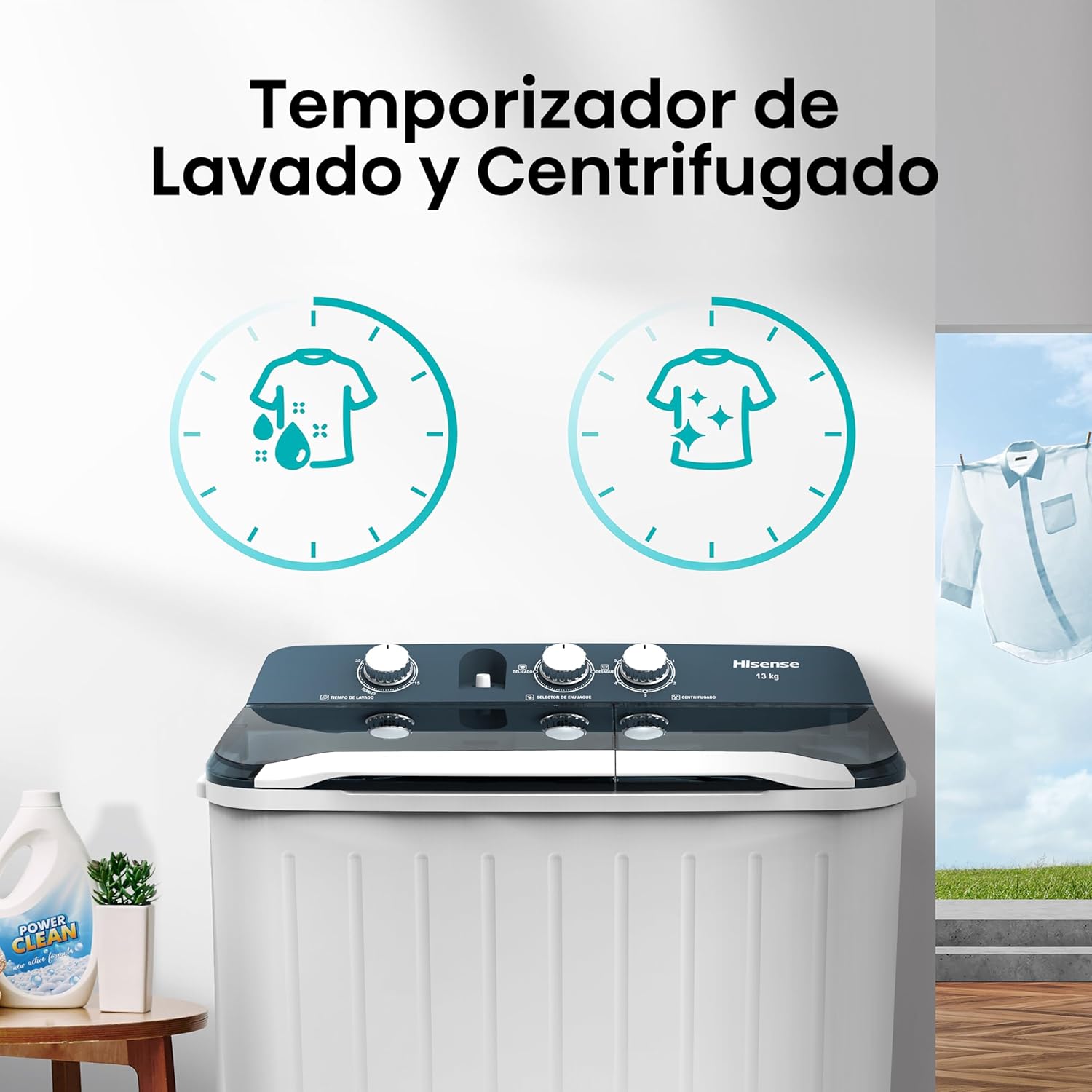 Hisense Lavadora doble tina WSA1604P, Semiautomática, 16 Kg, Temporizador de Lavado y Centrifugado, 88x52x99cm(AnchoxLargoxAlto), Blanco/Azul