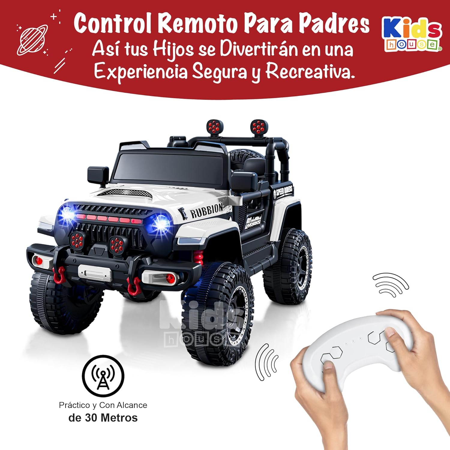 Kids House Carrito Montable Eléctrico Niños Turbo, Doble Puerta, Función Balanceo, Control Remoto Bluetooth, USB MP3, Música y Luces LED, Motor Dual 12V, Inicio Botón,Diseño Seguro (Blanco)