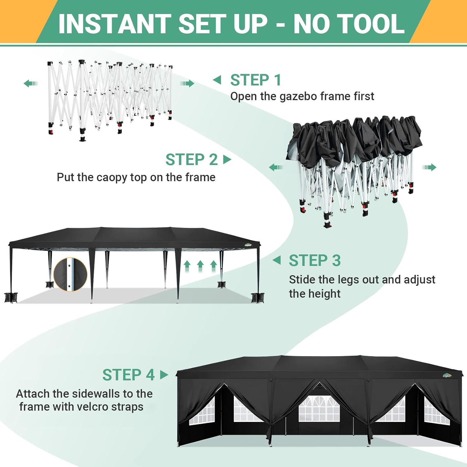 COBIZI - Toldo desplegable de 10 x 20 Pulgadas con 6 Paredes Laterales, toldo Impermeable para Eventos al Aire última intervensión, UPF 50+ cenador portátil para Fiestas, Playa, Camping, Boda,