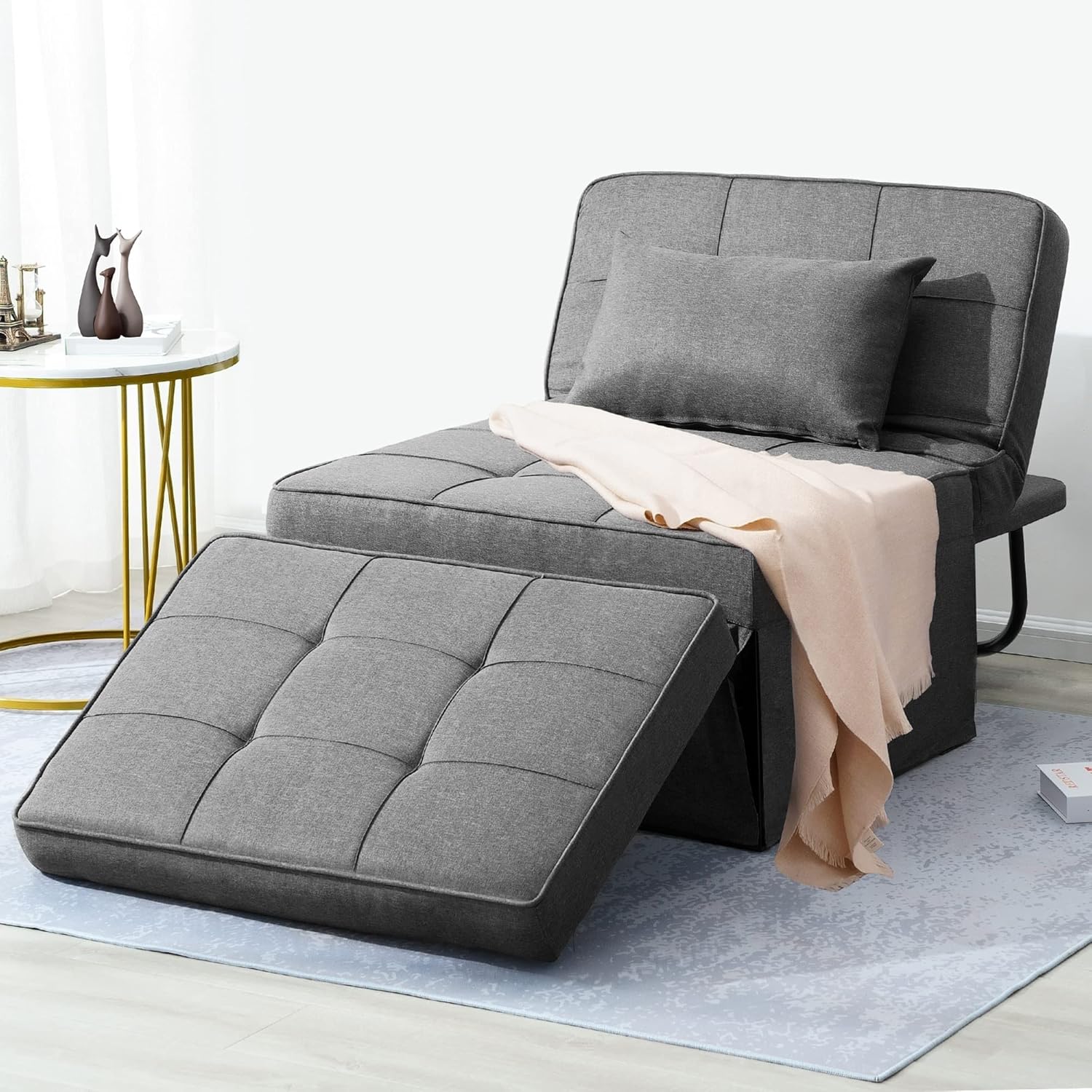 Sofá Cama, Cama otomana Plegable multifunción 4 en 1, Moderna Silla Convertible con Respaldo Ajustable, para Sala de Estar, Departamento pequeño, Gris Claro