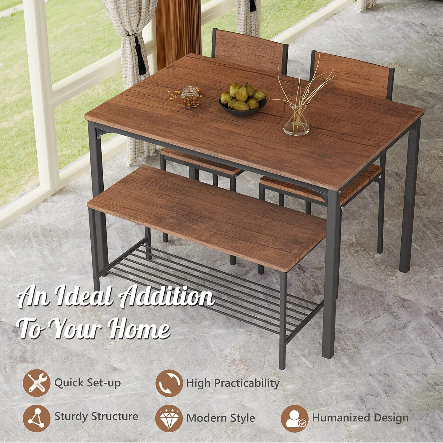 Giantex - Juego de mesa de comedor para 4, mesa de cocina con banco y sillas, banco industrial para reuniones, escritorio funcional, con marco de metal y estante de almacenamiento (marrón)