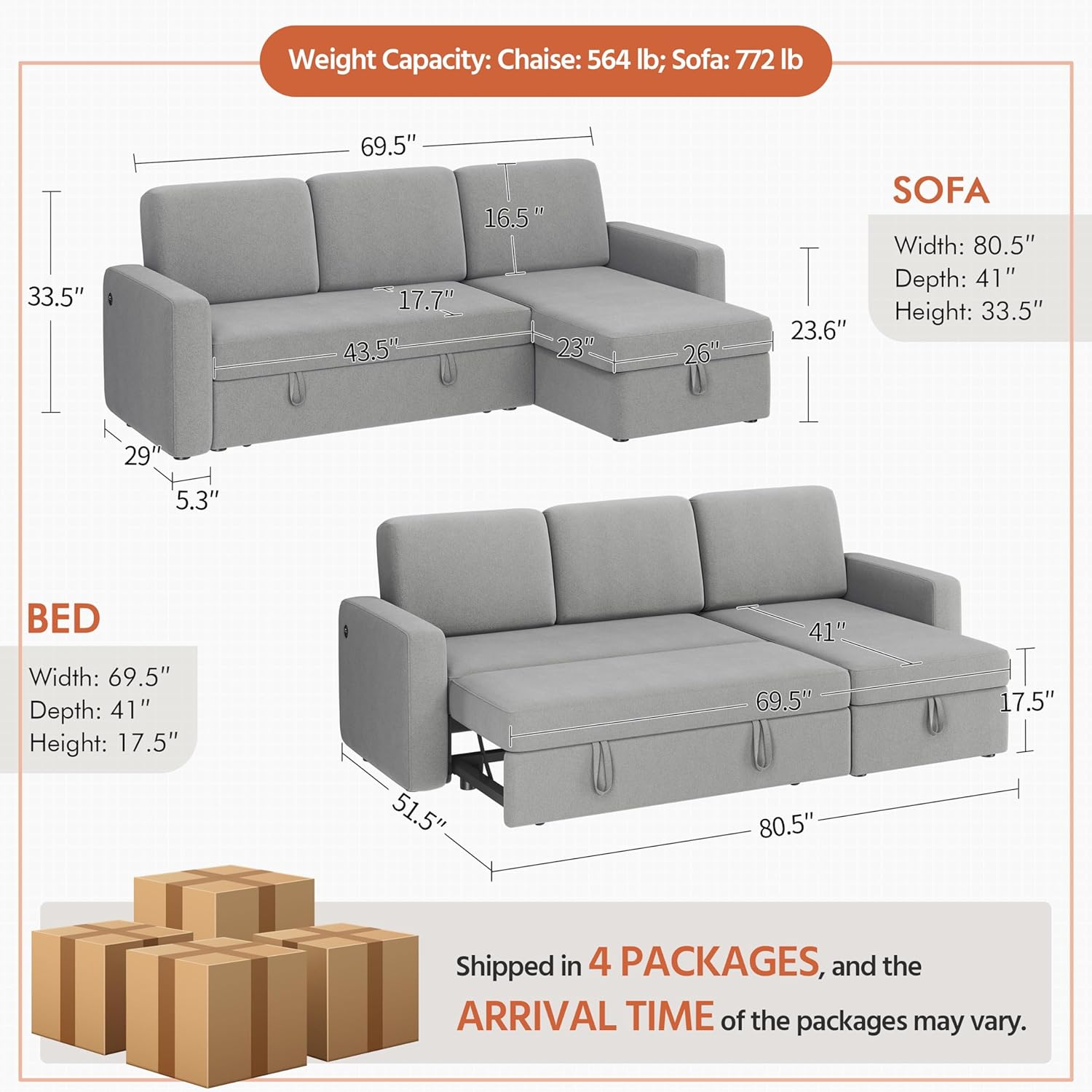 Yaheetech Sofá seccional en forma de L, sofá cama con chaise, sofá cama reversible con cama extraíble y espacio de almacenamiento, sofá convertible de tela de 4 asientos, adecuado para sala de estar, gris claro
