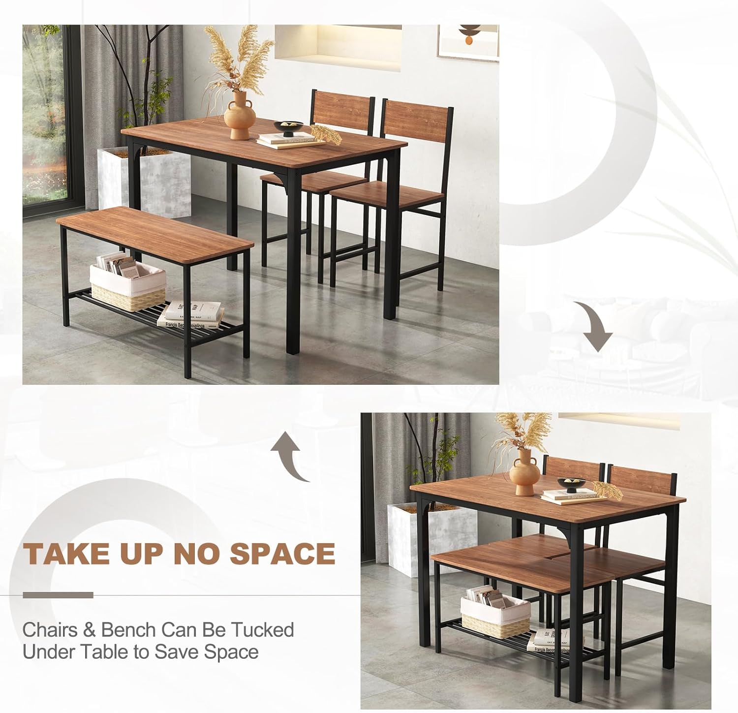 Giantex - Juego de mesa de comedor para 4, mesa de cocina con banco y sillas, banco industrial para reuniones, escritorio funcional, con marco de metal y estante de almacenamiento (marrón)