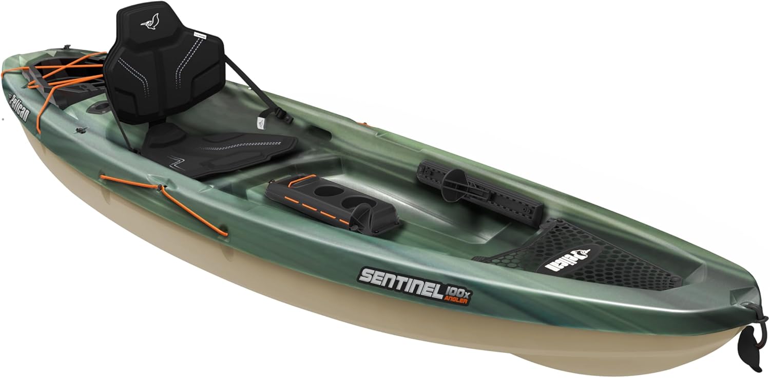 Pelican Sit-on-Top Kayak - Sentinel 100X - 9.5 Feet - Lightweight One Person Kayak (Fade Black Green/Light Khaki, Angler/Fishing)