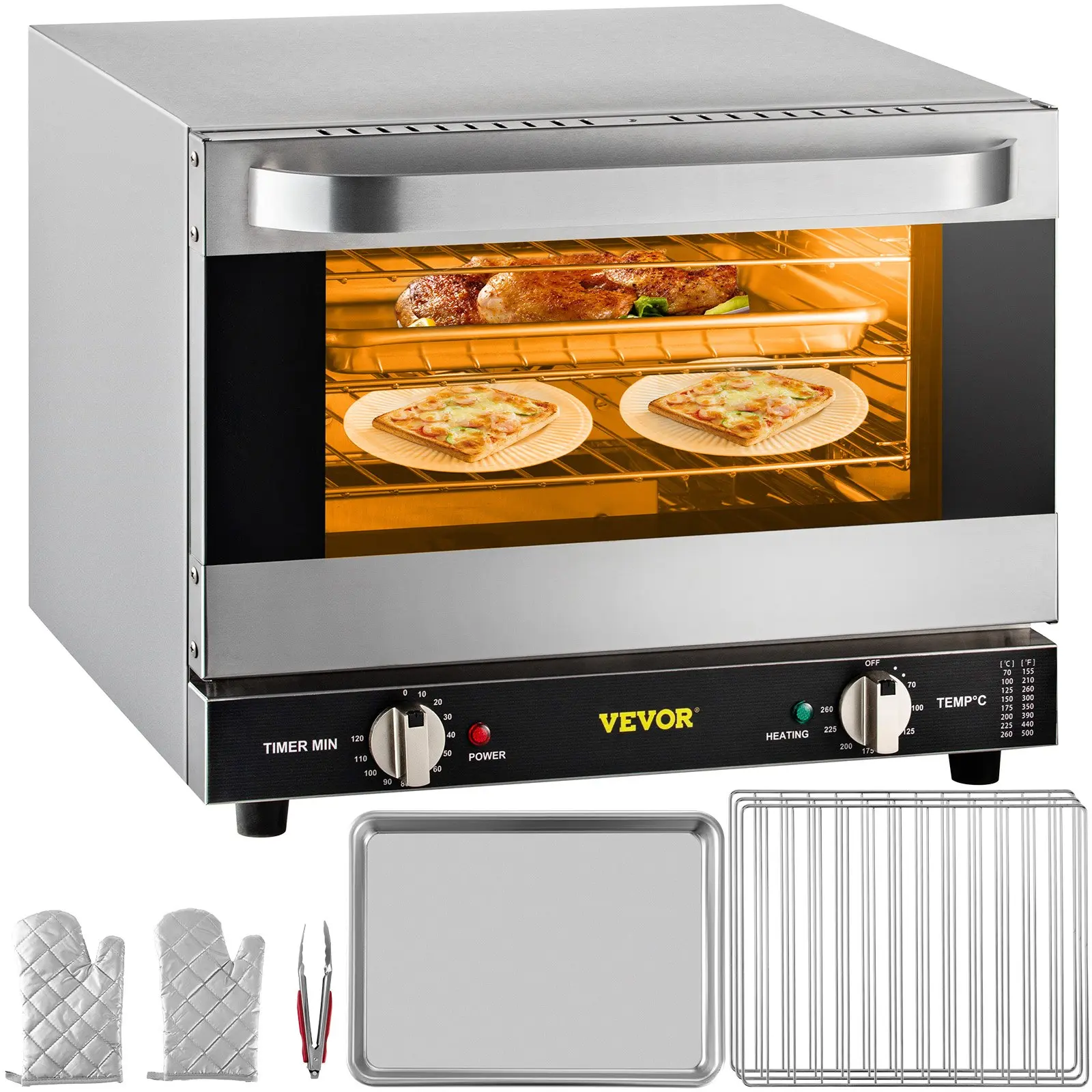 👨‍🍳🍞Horno de convección comercial, 66 L (60 cuartos de galón), 🍕tamaño compacto (half-size) para encimera, 1800 W, 4 niveles, puerta frontal de vidrio, horno eléctrico para hornear con bandejas, rejillas, pinzas y guantes, 120 V, certificado ETL.