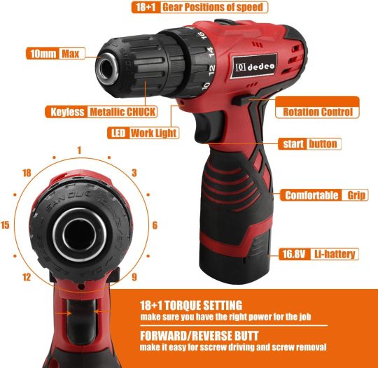 Tool Set with Drill, 108Pcs Cordless Drill Household Power Tools Set with 16.8V Lithium Driver Claw Hammer Wrenches Pliers DIY Accessories Tool Kit
