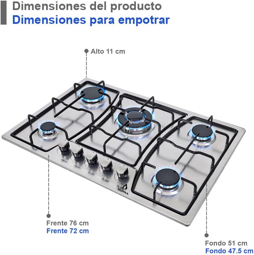 SUPRA Tricombo empotrable Zenit, Parrilla a gas de 5 quemadores para empotrar Mod. ZEGNA, Campana extractora de pared Mod. CC-76,Horno en acero inoxidable con cristal templado Mod. SILVER VORTEX
