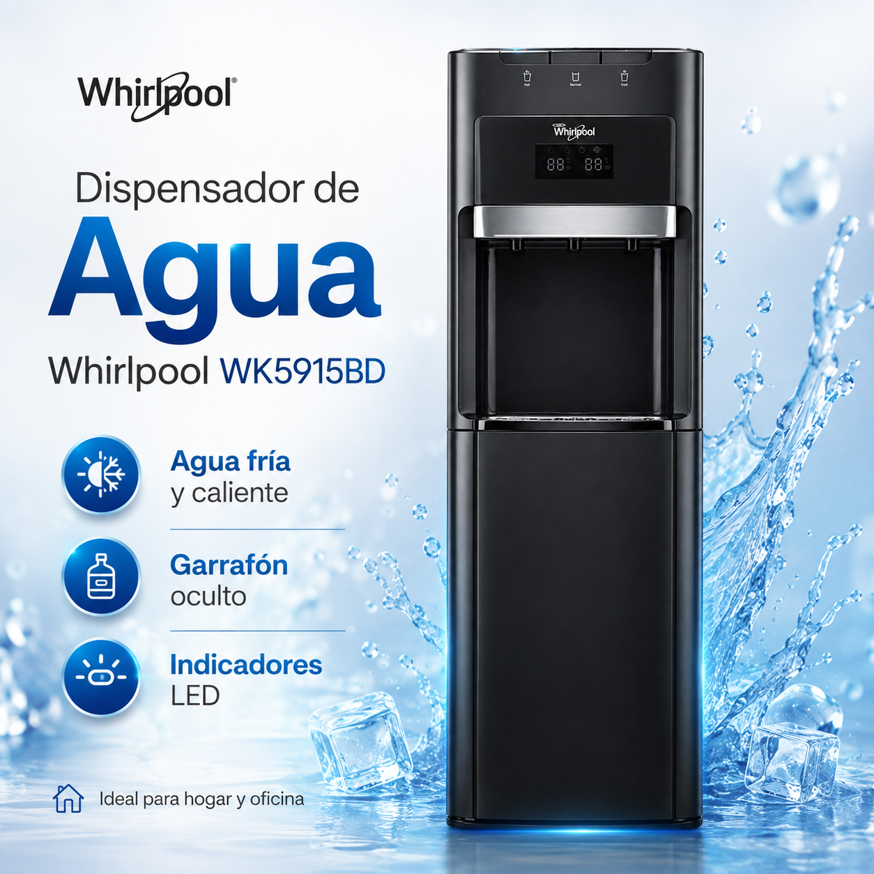 Whirlpool WK5915BD Dispensador de Agua con Garrafón Oculto, Agua Fría y Caliente, Indicador LED, Diseño Moderno