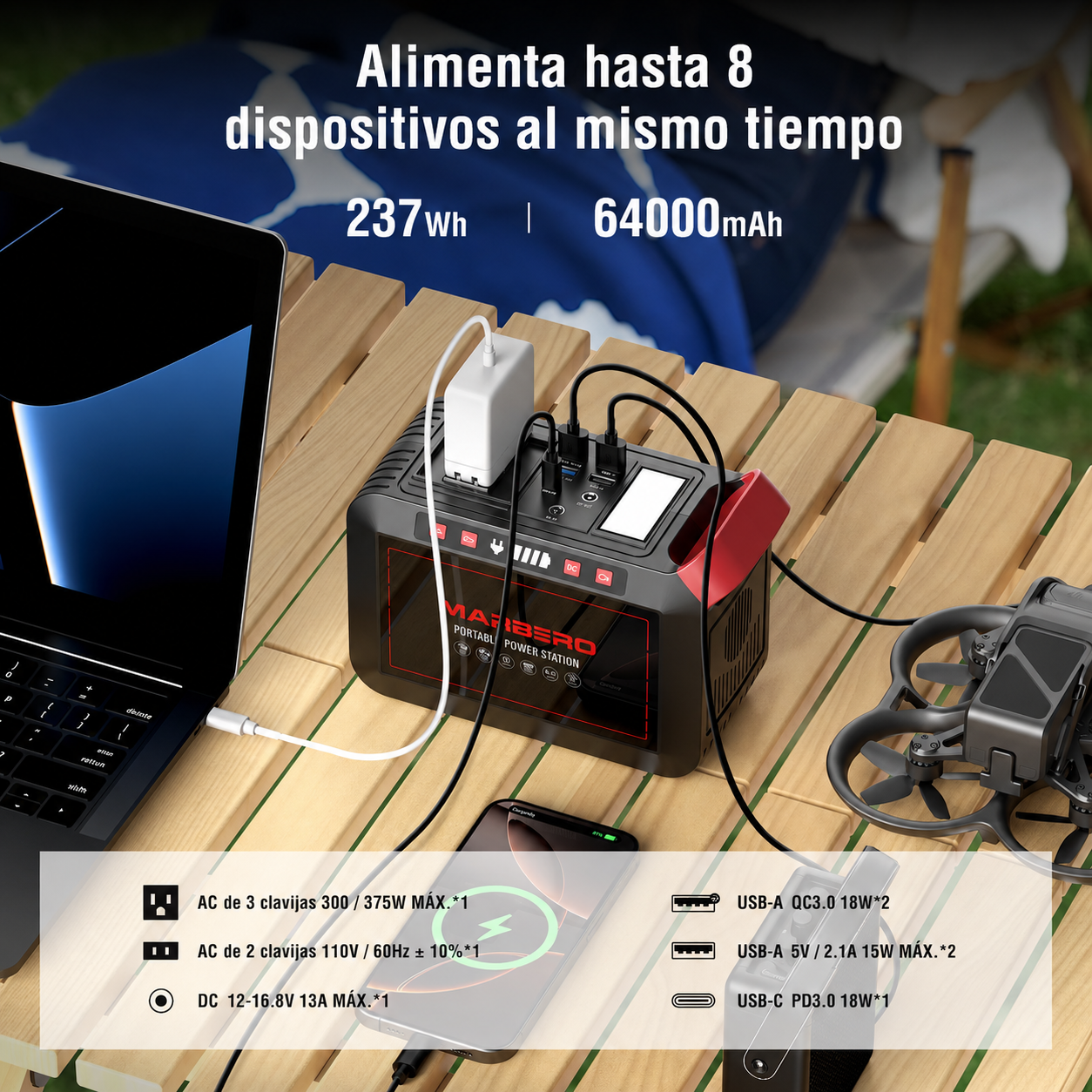 Estación de Energía Portátil MARBERO M823 con Panel Solar, 237 Wh / 64,000 mAh, 300 W y Onda Sinusoidal Pura