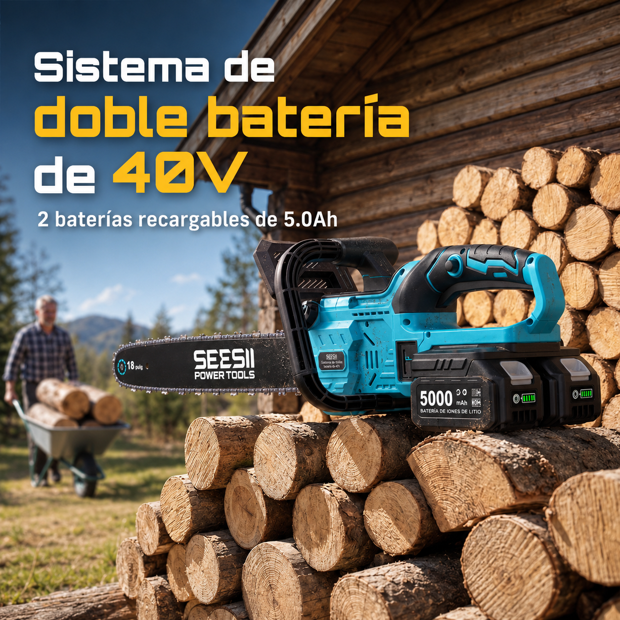 SEESII Motosierra a Batería 40V de 18", 2200W, 2 Baterías de 5.0 Ah, 30 FT/S, Lubricación Automática para Corte y Poda