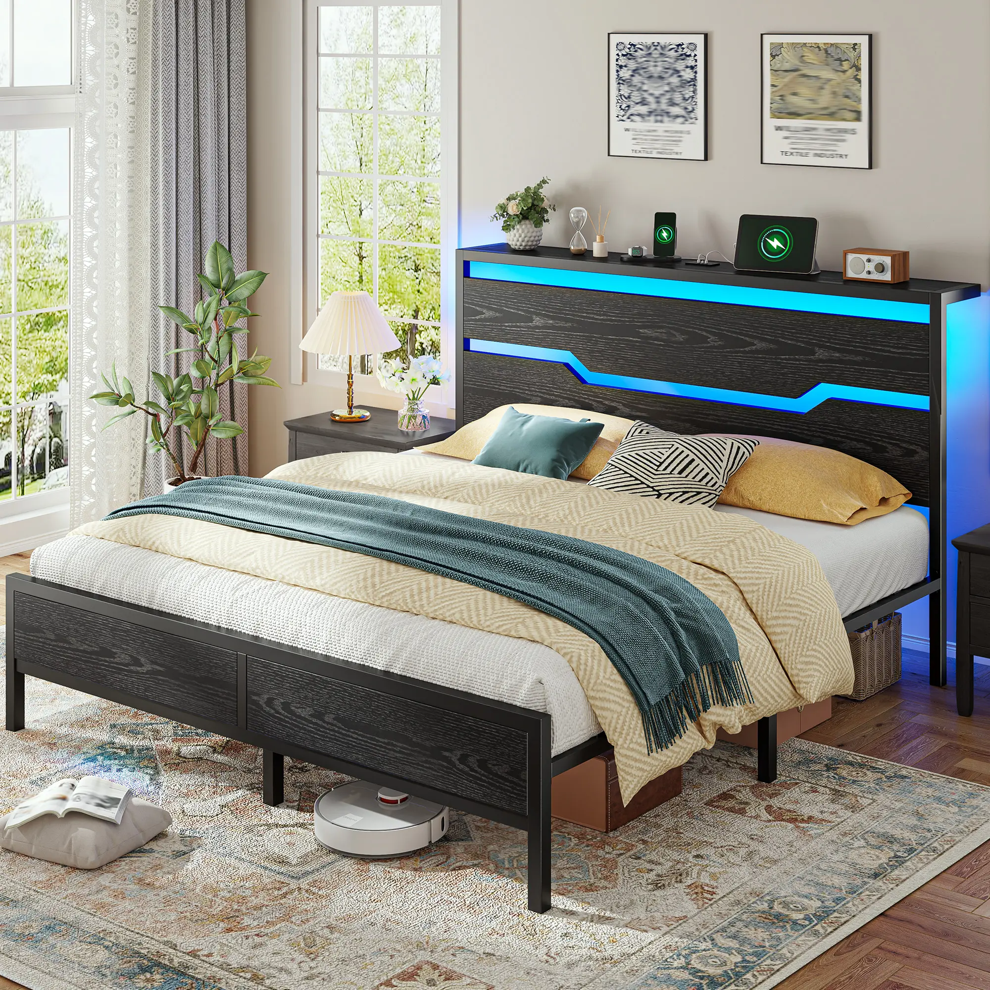Estructura de cama Raybee con luces LED (tamaños Queen, King y Full), cabecero y estante de almacenamiento; diseño moderno e industrial de madera y metal con estación de carga integrada; silenciosa y resistente (capacidad de 900 libras); incluye somier de