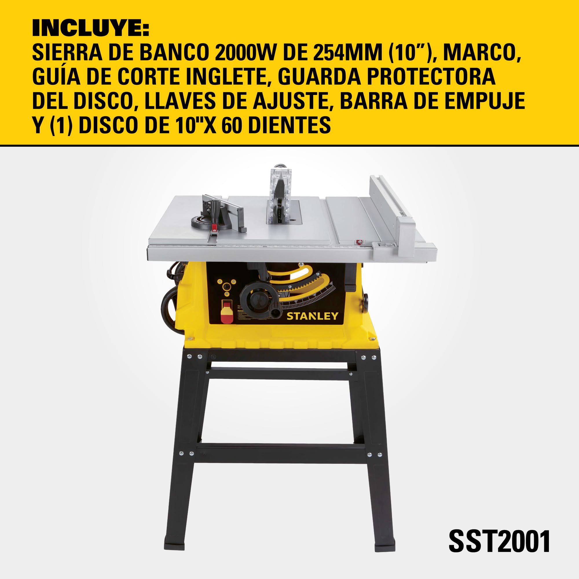 Sierra de Mesa STANLEY de 2000W y 120V con Mesa de Aluminio Extensible, Ajuste de Profundidad y Corte a 45°/90°