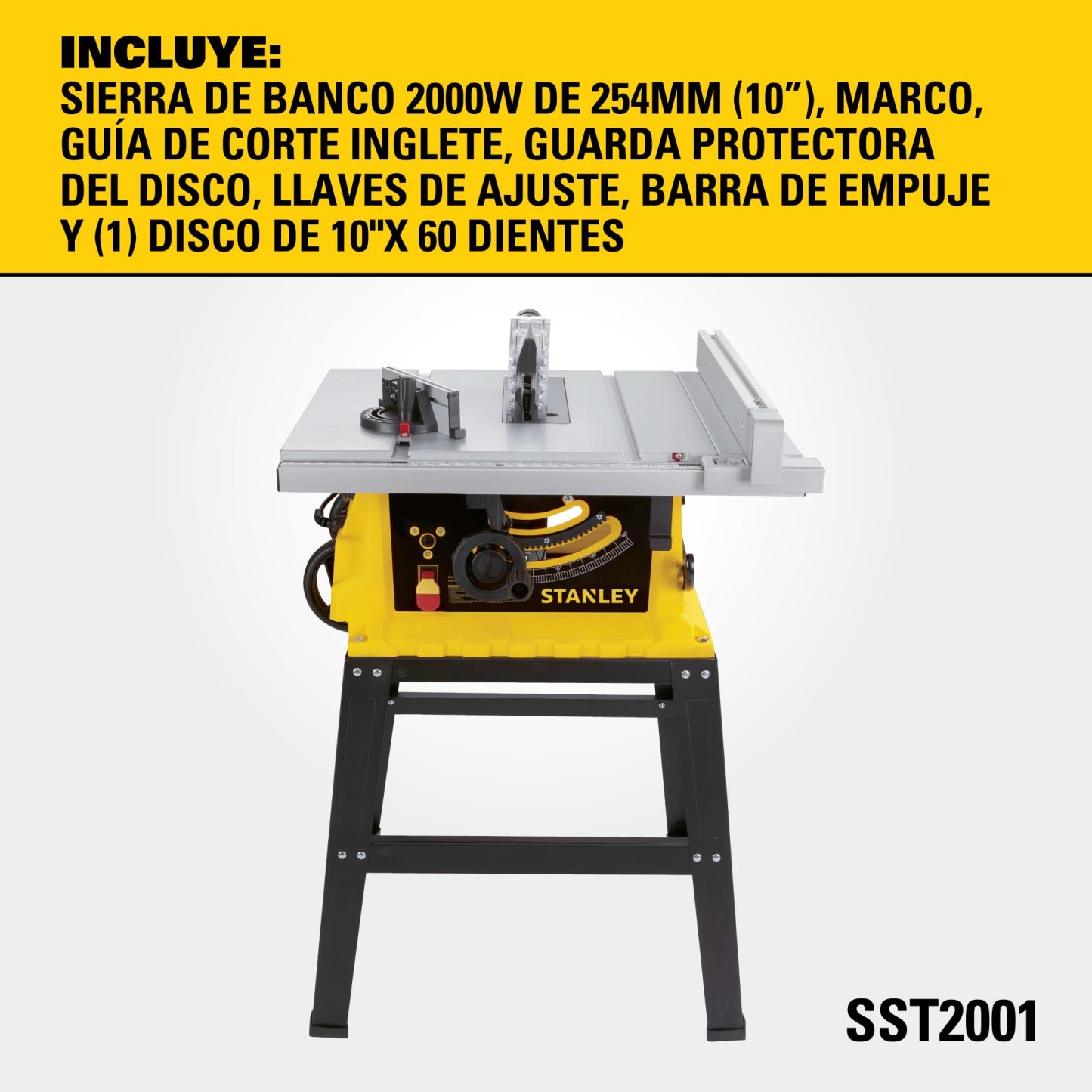 Sierra de Mesa STANLEY de 2000W y 120V con Mesa de Aluminio Extensible, Ajuste de Profundidad y Corte a 45°/90°