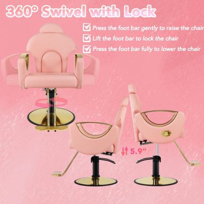 Silla de peluquero de salón, silla reclinable para peluquero, silla de peluquería con bomba hidráulica resistente, silla de peluquería giratoria de 360 grados para peluquería en casa, color rosa