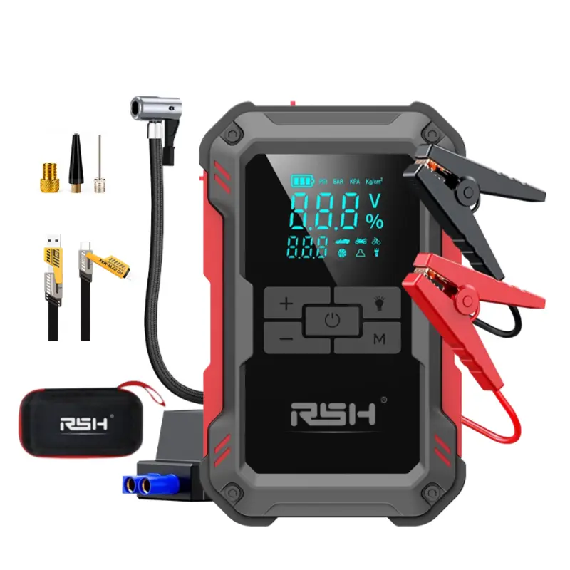 ⚡Arrancador de batería para coche de 15000 mAh: Apto para todos los vehículos con batería de 12 V. Equipado con un compresor de aire de 150 PSI, carga rápida de 18 W, monitorización de la presión de los neumáticos y luces LED.