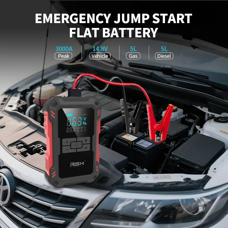 ⚡Arrancador de batería para coche de 15000 mAh: Apto para todos los vehículos con batería de 12 V. Equipado con un compresor de aire de 150 PSI, carga rápida de 18 W, monitorización de la presión de los neumáticos y luces LED.