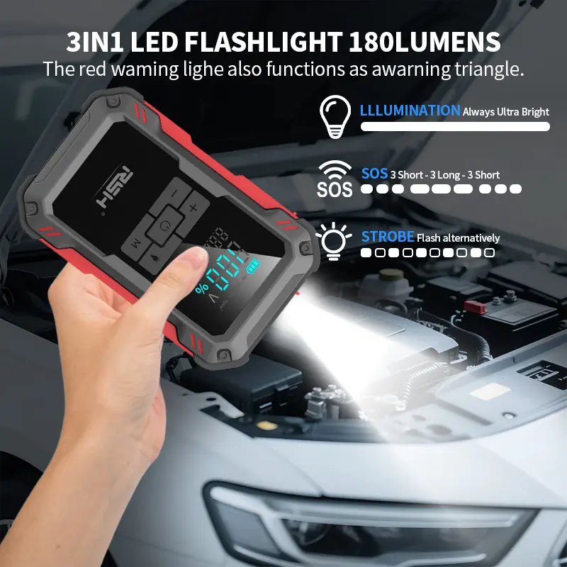 ⚡Arrancador de batería para coche de 15000 mAh: Apto para todos los vehículos con batería de 12 V. Equipado con un compresor de aire de 150 PSI, carga rápida de 18 W, monitorización de la presión de los neumáticos y luces LED.