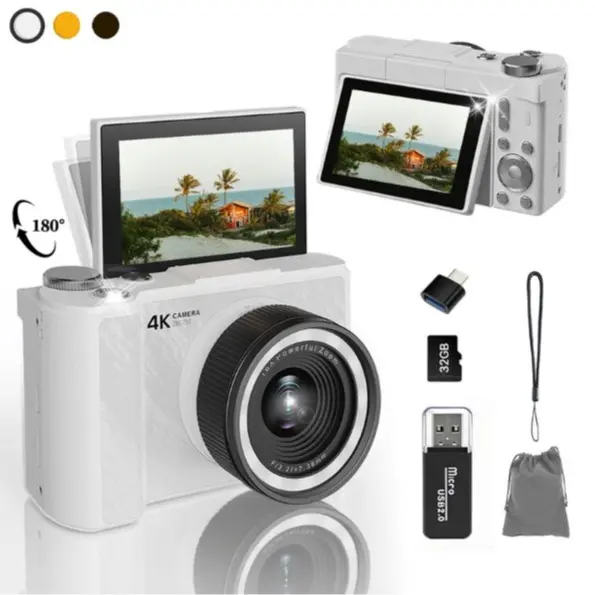 Cámara digital 4K: una cámara plegable y portátil con una estética Y2K. Ideal para vlogging, viene equipada con una tarjeta SD de 32 GB, correa de muñeca, función de selfie, estabilización de imagen y zoom digital de 16x. Un regalo ideal para niñas, niños