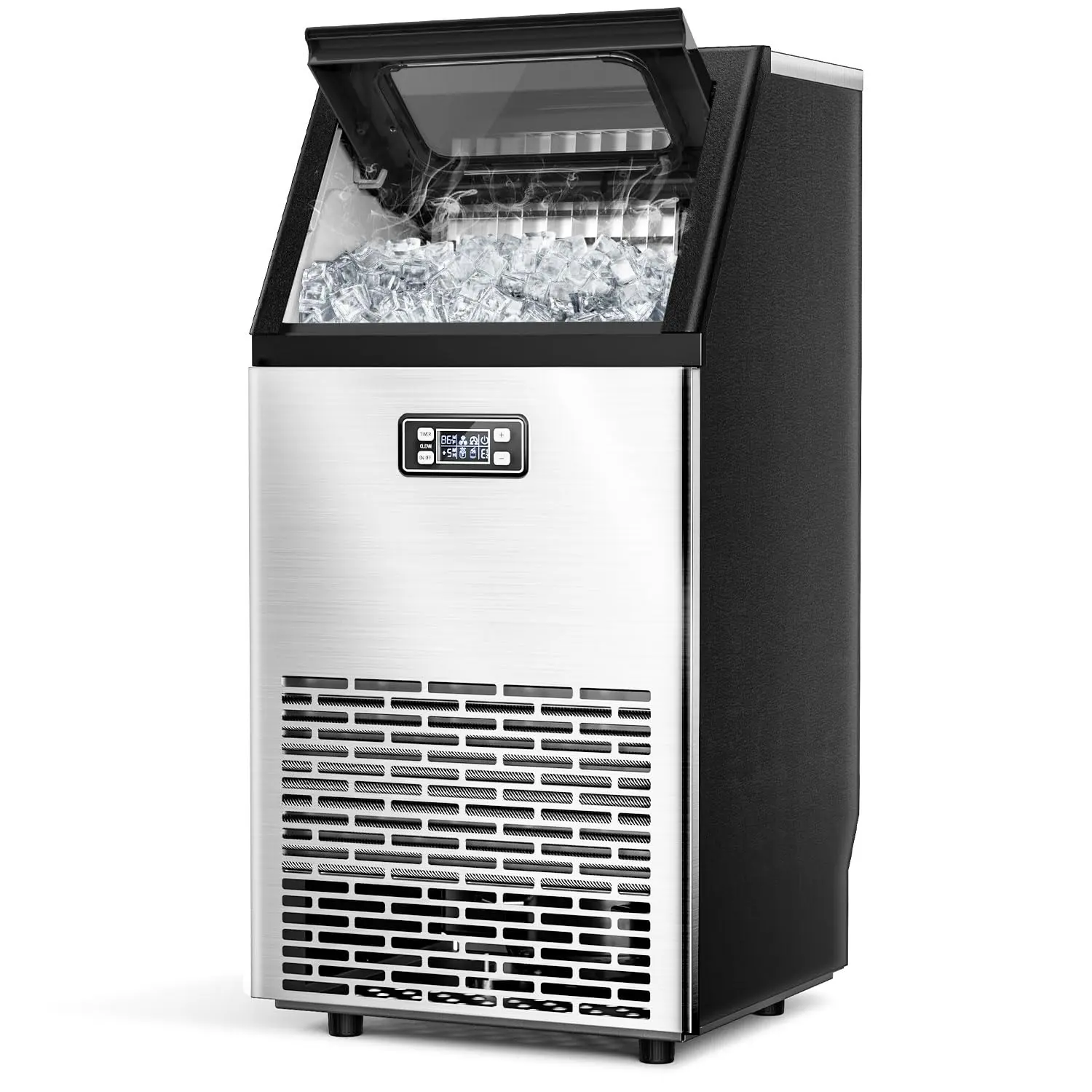 Máquina de Hielo Comercial V2.0, 100 lbs, Agua 2 Formas, Autolimpieza, Temporizador 24h, Cesta 33 lbs, Acero Inoxidable – Para Escuela, Hogar, Bar o RV