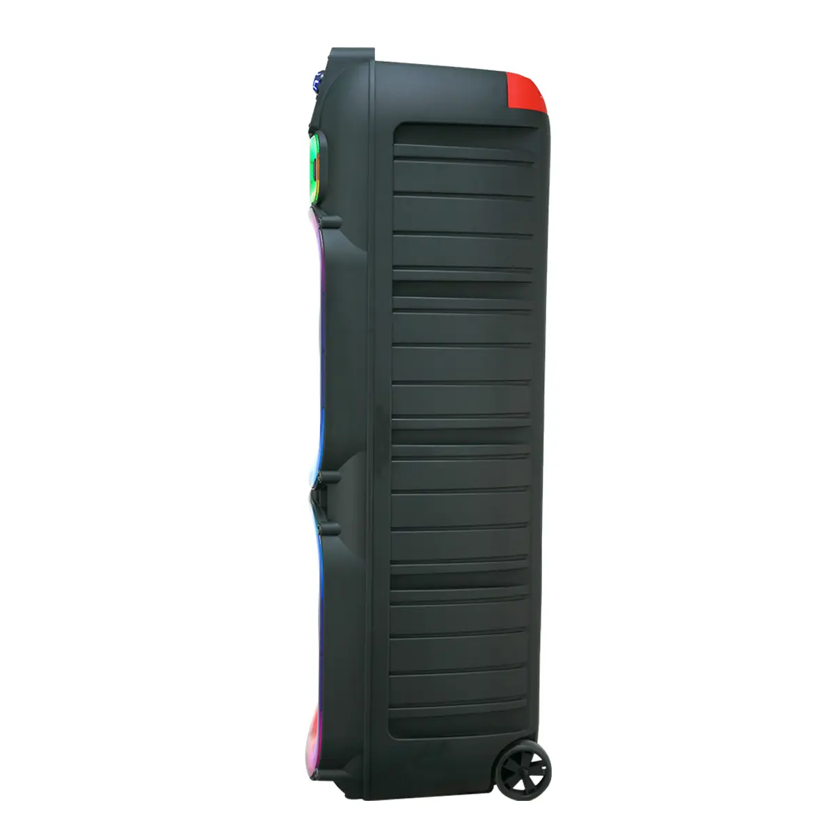 Sistema de altavoces PA portátil con Bluetooth, alta potencia, doble woofer de 15" y tweeter de 1.5"; inalámbrico y recargable, incluye dos micrófonos inalámbricos, control remoto, luces LED de fiesta multicolor y sonido estéreo (SoundBox DJ).