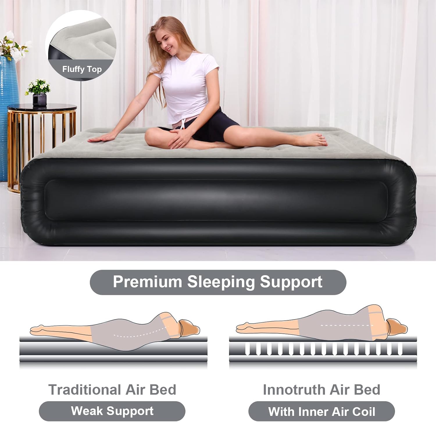 InnoTruth Colchón de aire Queen con bomba incorporada, cama de aire inflable elevada para camping, colchón inflable de doble altura con bolsa de transporte portátil, negro frío, Queen (80 x 60 x 18 pulgadas)