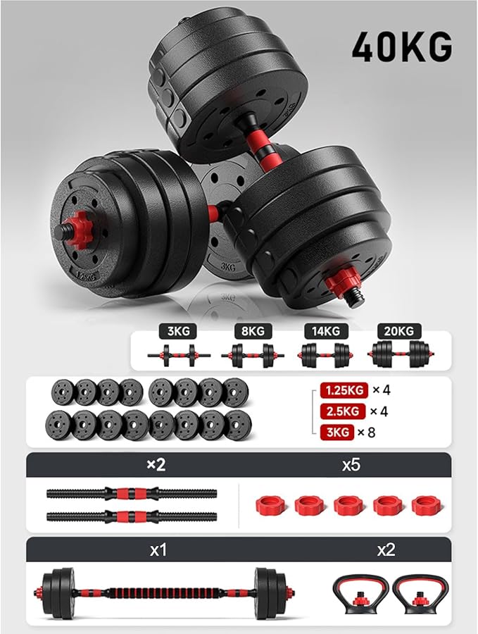 Kit de Pesas y Mancuernas Regulables, Múltiples Opciones 10/20/30/40Kg, con Barra Adicional para Ejercicio en Casa Multi Usos, Set de Mancuernas Ajustables con Varilla de Conexión, con Discos de Pesas Gimnasio