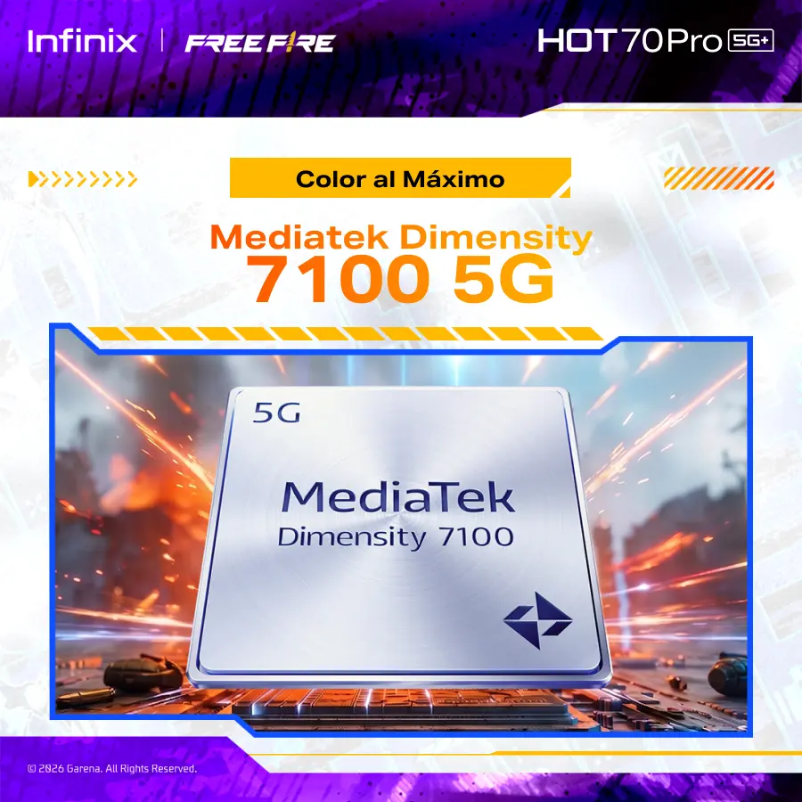 Infinix HOT 70 Pro 5G Edición Free Fire TikTok Exclusiva | 8GB+256GB | Incluye Caja de Regalo | MediaTek Dimensity 7100, AMOLED, 45W, NFC | Negro