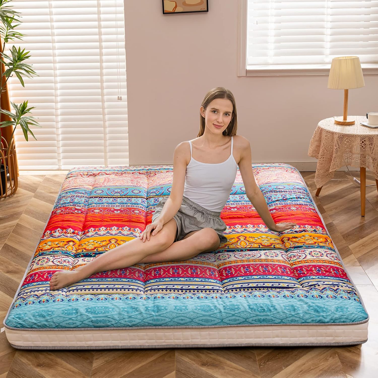 MAXYOYO - Puf plegable para sofá, cama, colchón de piso para adultos, extra grueso, 6 pliegues, sofá para recámara, sala de estar, beige, 135 x 240 cm