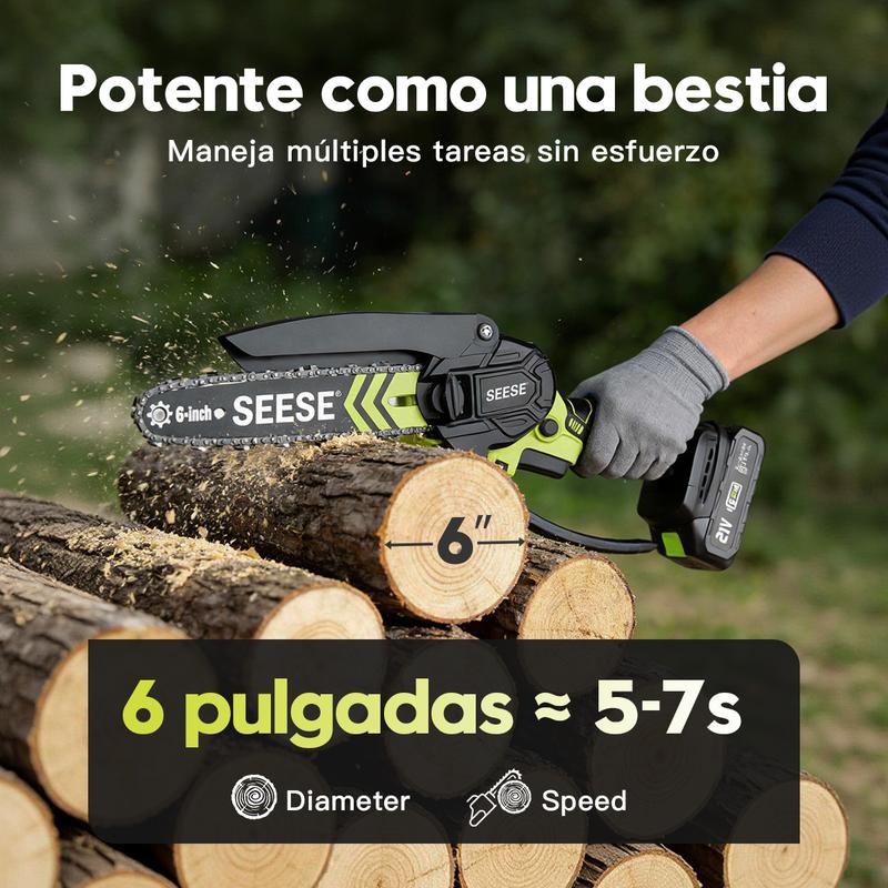 SEESE Mini motosierra inalámbrica 6”, motor sin escobillas, con 2 baterías de 2000 mAh – Ideal para poda, jardinería y corte de madera