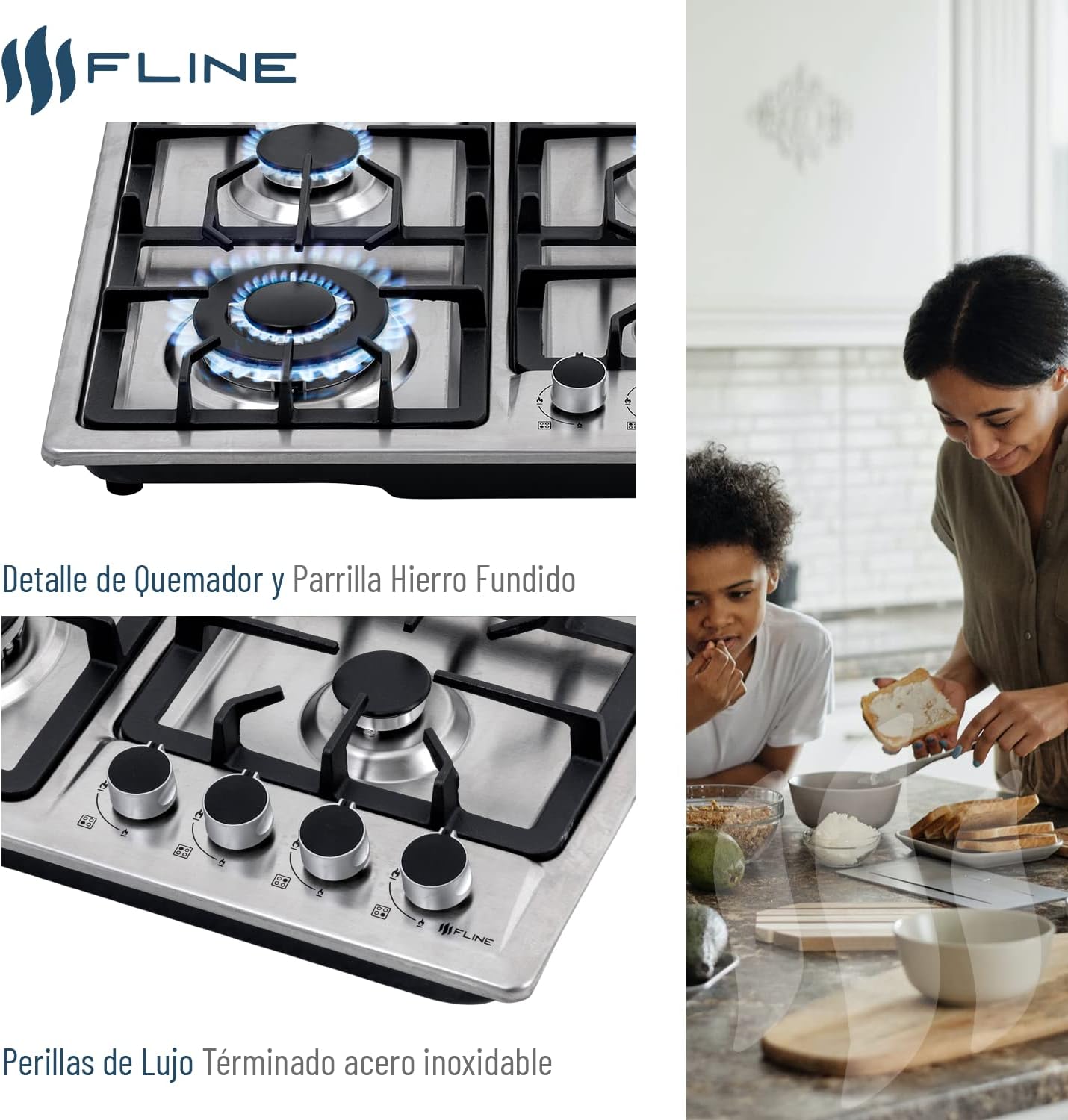 Parrilla De Gas Empotrable 4 Quemadores | Acero Inoxidable | Gas LP Y Gas Natural | Encendido Electrónico | Estufa De Mesa | Parrilla De Inducción | Fácil Limpieza
