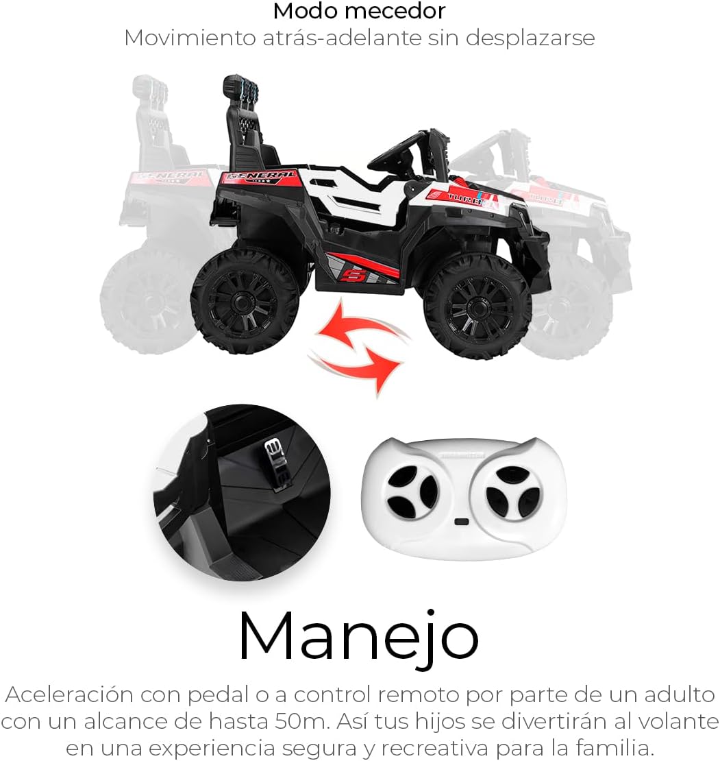 Raganet, Buggy Electrico Montable para Niños, Carrito de Control Remoto y Manejo Directo, Coche Electrico con Luces, Estereo y Pedales Funcionales, Medidas: Alto 76cm X Ancho 68cm X Largo 109cm